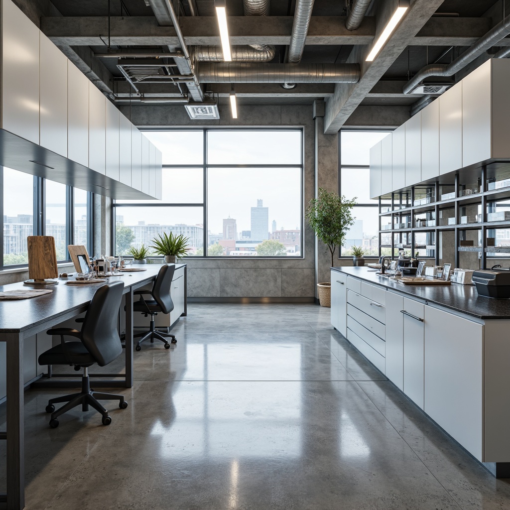 Prompt: Minimalist laboratory interior, sleek metal tables, epoxy resin countertops, polished chrome fixtures, matte white cabinets, industrial-style lighting, exposed ductwork, concrete floors, recycled glass partitions, modern ergonomic chairs, stainless steel shelving, simple instrumentation, natural stone accents, abundant daylight, softbox lighting, shallow depth of field, 1/1 composition, realistic textures, ambient occlusion.