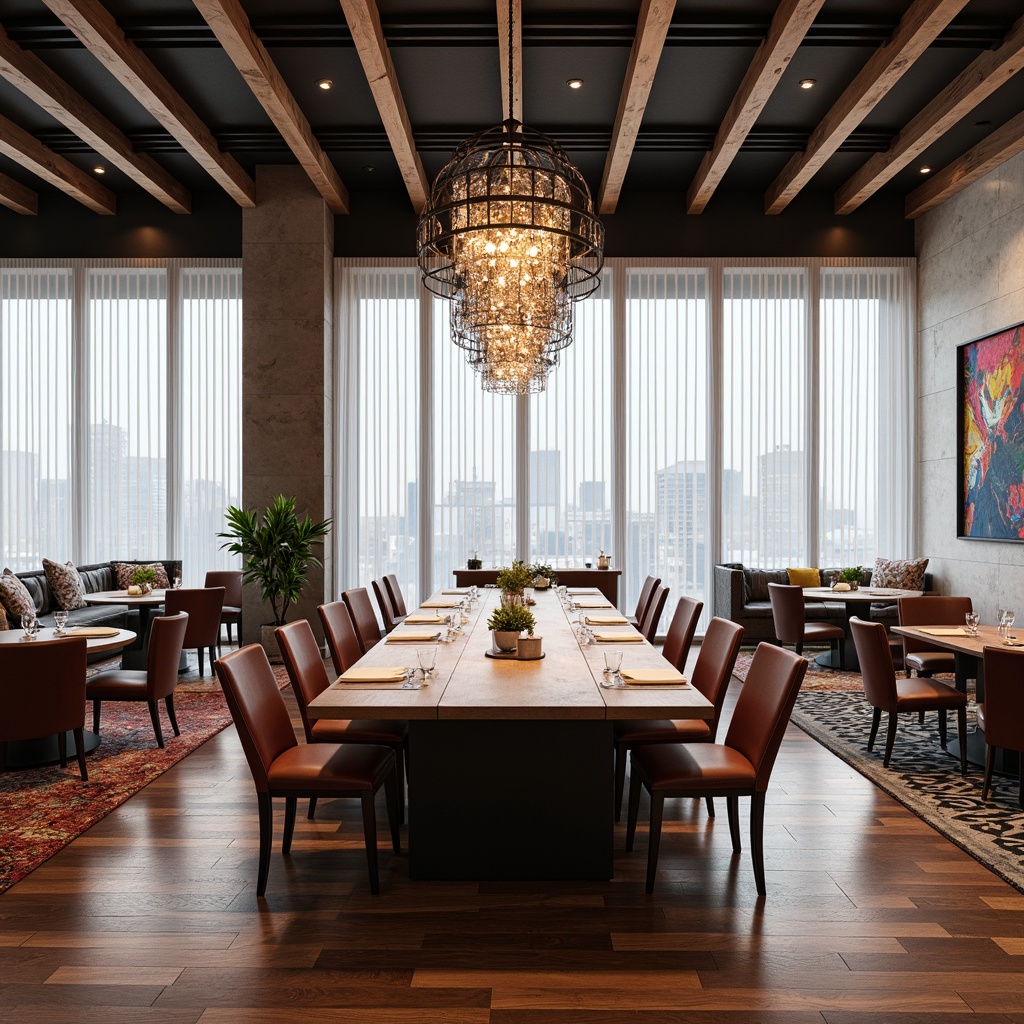 Prompt: Modern dining room, sleek wooden table, elegant chairs, pendant lights, crystal chandeliers, warm ambient lighting, soft white curtains, floor-to-ceiling windows, natural daylight, urban cityscape views, minimalist decor, industrial-chic metal beams, rich wood flooring, vibrant color accents, geometric patterned rugs, abstract artwork, cozy corner banquettes, intimate candlelight, dramatic high ceilings, 1/2 composition, shallow depth of field, realistic textures, ambient occlusion.