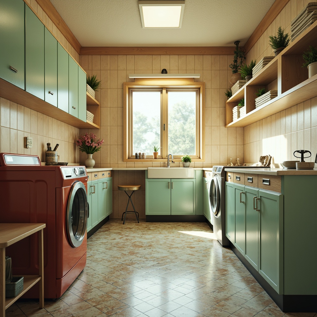 Prompt: Retro-style laundry room, mid-century modern decor, sleek appliances, stainless steel washing machines, retro-inspired dryers, pastel-colored cabinets, vintage-patterned flooring, geometric-shaped shelves, minimalist design, ample natural light, soft warm glow, shallow depth of field, 1/1 composition, realistic textures, ambient occlusion.