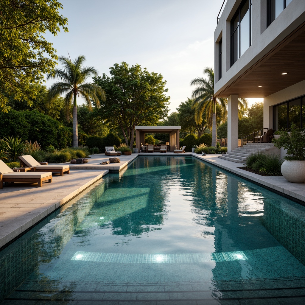 Prompt: Luxurious pool area, crystal-clear water, warm golden lighting, LED underwater lights, sparkling fountain features, sleek modern pool shape, sunken seating areas, natural stone decking, lush greenery surroundings, vibrant tropical plants, sunny day ambiance, soft warm glow, shallow depth of field, 3/4 composition, realistic reflections, ambient occlusion.