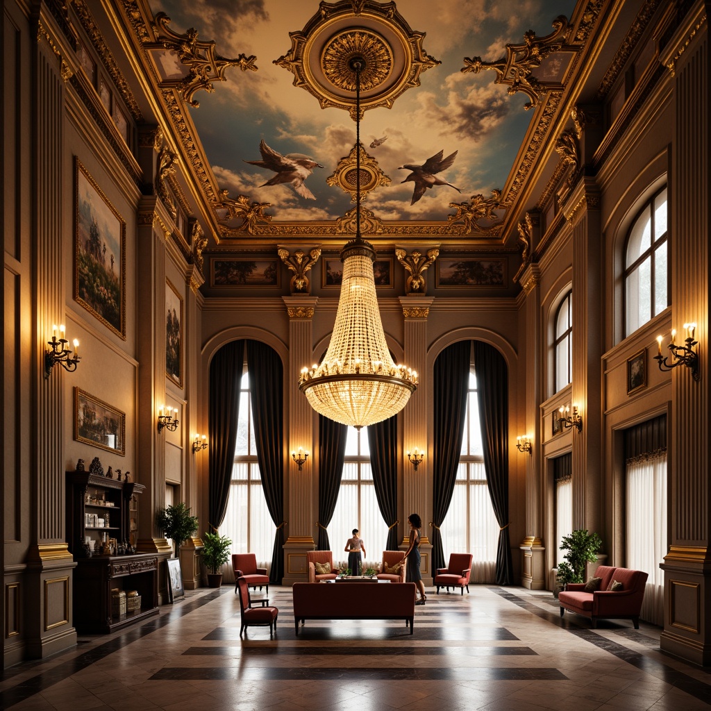 Prompt: Grand chandelier, ornate ceiling details, intricate moldings, Baroque-inspired frescoes, lavish gold leafing, soft warm lighting, high ceilings, classical columns, marble flooring, rich wood paneling, carved wooden furniture, velvet drapes, luxurious fabrics, subtle color palette, dramatic architectural elements, symmetrical composition, 1/1 aspect ratio, shallow depth of field, realistic textures.