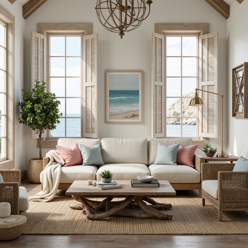 Prompt: Coastal-themed living room, natural woven fibers, jute rug, driftwood coffee table, distressed wood accents, ocean-inspired color palette, soft blues and whites, sandy neutrals, coral pink hues, sea salt textures, woven rattan furniture, linen upholstery, nautical rope details, vintage marine instruments, weathered wooden shutters, beachy vibe, warm sunny day, soft diffused lighting, shallow depth of field, 1/1 composition, realistic renderings, ambient occlusion.