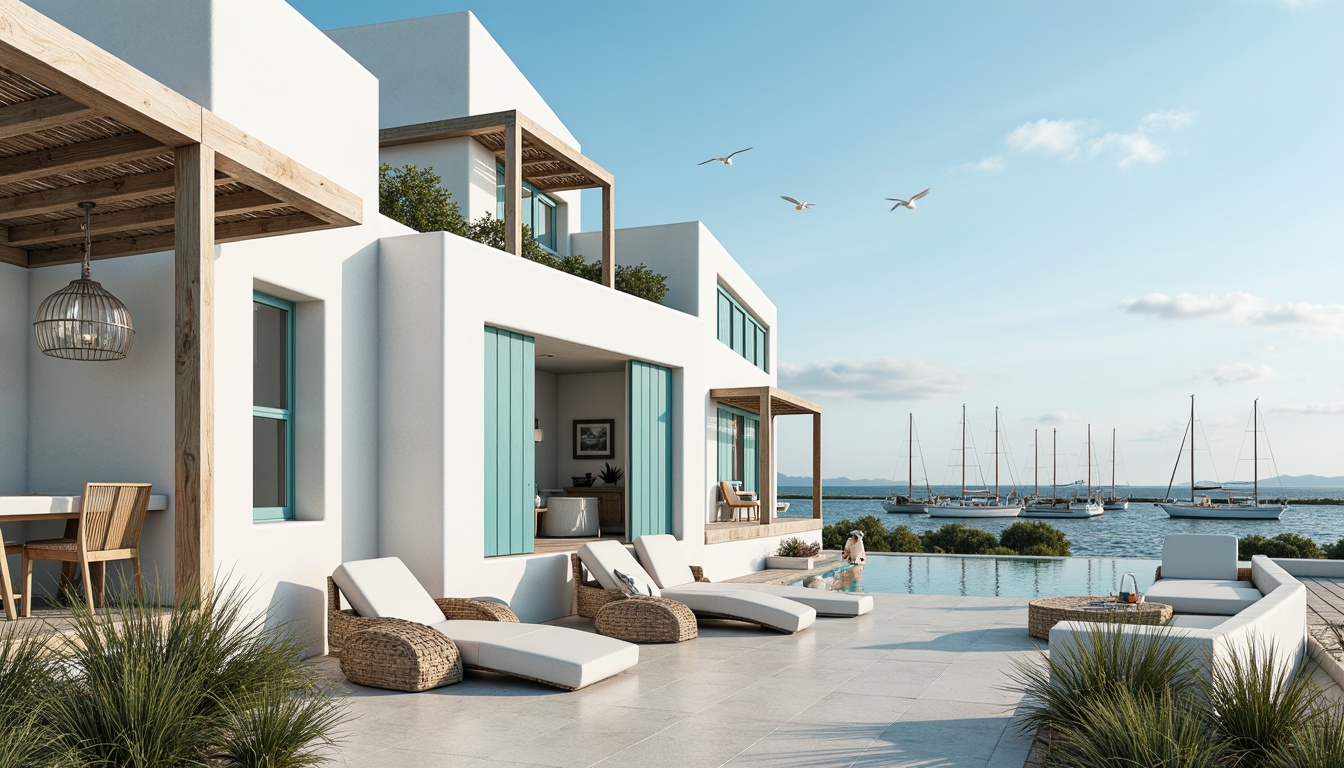 Prompt: Coastal villa, white stucco exterior, turquoise accents, nautical ropes, wooden dock, sailboats, seagulls, clear blue sky, warm sunny day, soft diffused lighting, pendant lamps, glass shades, chrome finishes, minimalist design, beachy vibe, natural textiles, woven fibers, rattan furniture, driftwood decor, ocean-inspired colors, calming ambiance, 1/1 composition, shallow depth of field, realistic reflections.