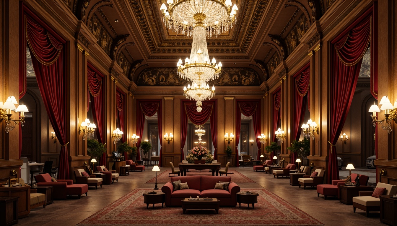 Prompt: Ornate crystal chandeliers, golden sconces, velvet drapes, rich wood paneling, intricate carvings, gilded accents, opulent furnishings, grandiose mirrors, luxurious fabrics, dramatic coved ceilings, warm soft lighting, subtle shadows, 1/2 composition, shallow depth of field, warm color palette, realistic textures, ambient occlusion.