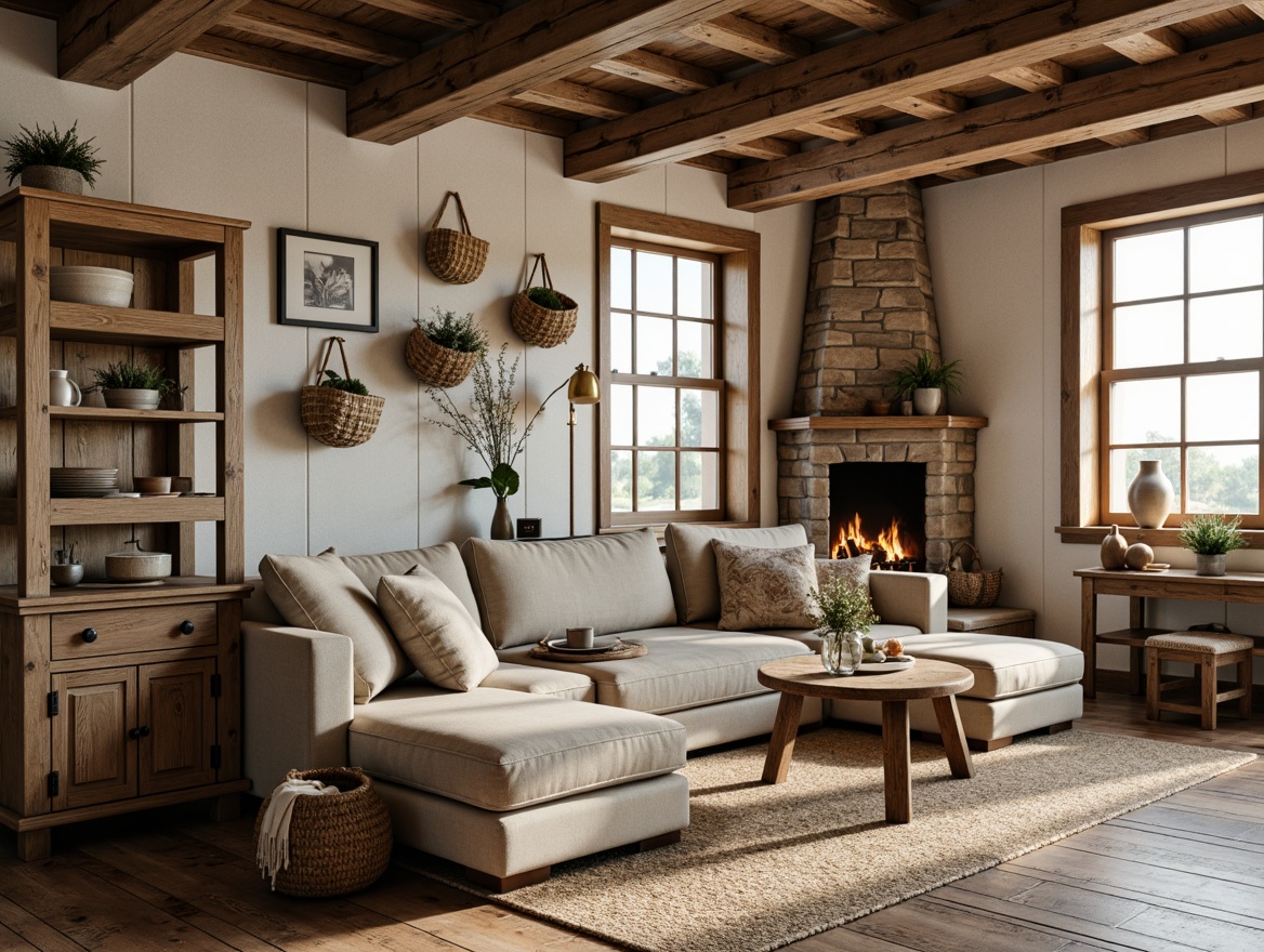 Prompt: Rustic farmhouse interior, vintage decor, natural fabrics, woven baskets, distressed wood accents, earthy tones, linen upholstery, burlap textiles, jute rugs, woven fibers, organic patterns, soft warm lighting, cozy atmosphere, countryside views, wildflower arrangements, antique furniture pieces, metal hardware, reclaimed wood shelves, shiplap walls, natural stone fireplaces.