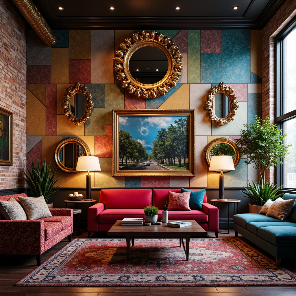 Prompt: Vibrant eclectic interior, bold patterned wallpaper, textured 3D wall panels, reclaimed wooden planks, colorful abstract art pieces, geometric-shaped mirrors, ornate gold frames, eclectic furniture mix, plush velvet upholstery, rich jewel-toned accents, dramatic floor lamps, industrial-chic metal fixtures, exposed brick walls, natural stone textures, warm ambient lighting, 1/1 composition, realistic materials, high-contrast colors.