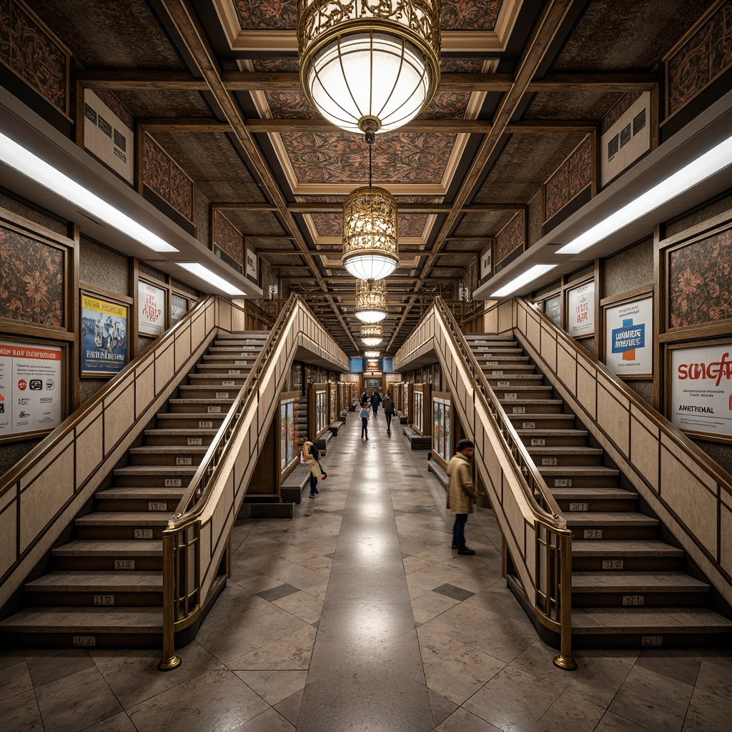 Prompt: Ornate metro stations, geometric patterns, metallic materials, sleek lines, luxurious chandeliers, vintage advertisements, ornamental railings, grand staircases, lavish mosaics, glossy marble floors, bronze accents, symmetrical compositions, retro-futuristic atmosphere, dramatic lighting, 1/1 composition, high-contrast shadows, detailed textures, ambient occlusion.