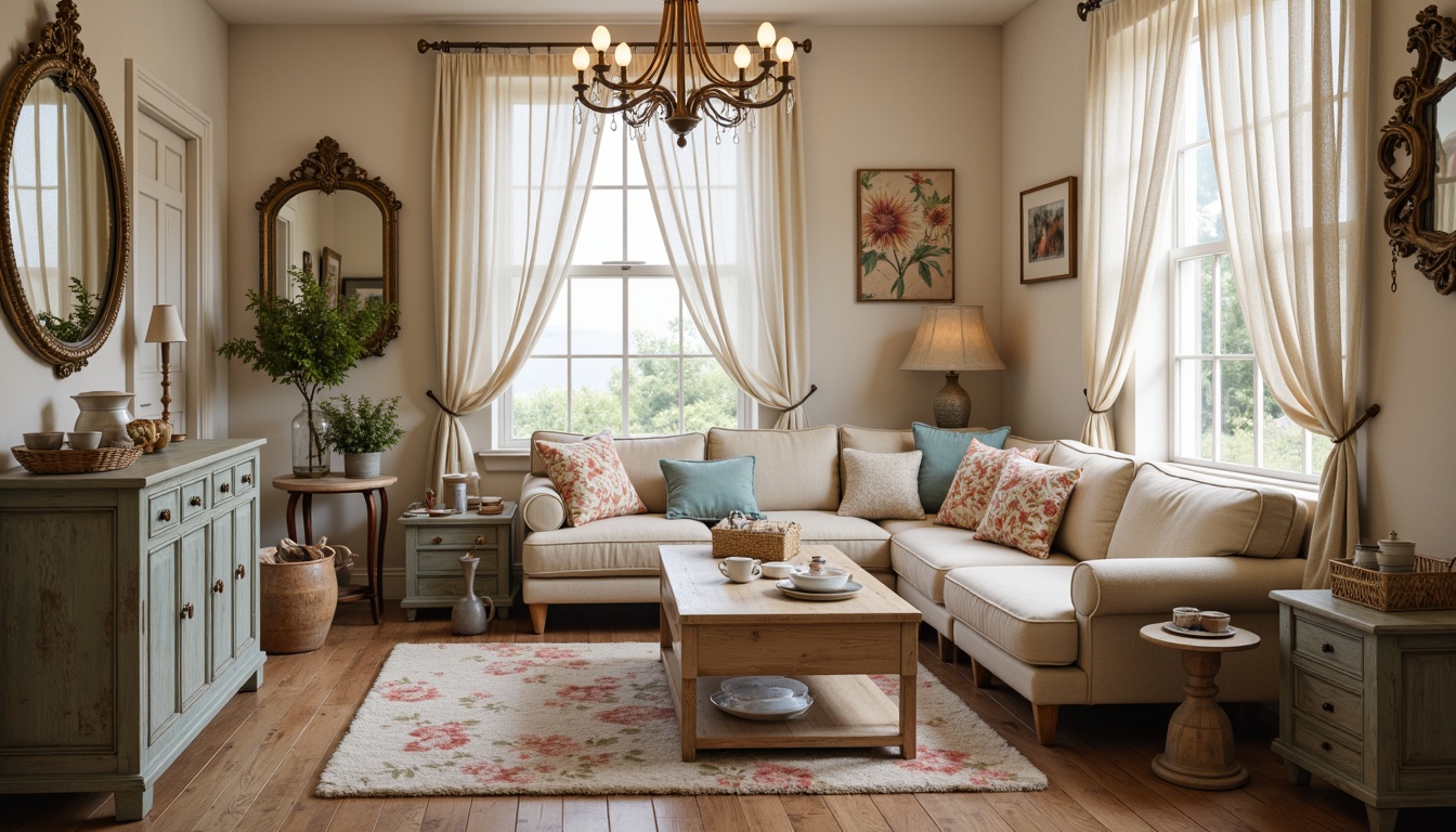 Prompt: Distressed wooden furniture, soft pastel colors, vintage floral patterns, lace curtains, ornate mirrors, antique hardware, distressed finishes, rustic textures, natural fabrics, elegant chandeliers, warm candlelight, cozy throw blankets, plush area rugs, delicate ceramics, dainty tea sets, feminine accents, romantic ambiance, warm beige tones, creamy whites, soft peaches, muted blues, gentle lighting, 3/4 composition, shallow depth of field, warm color palette.