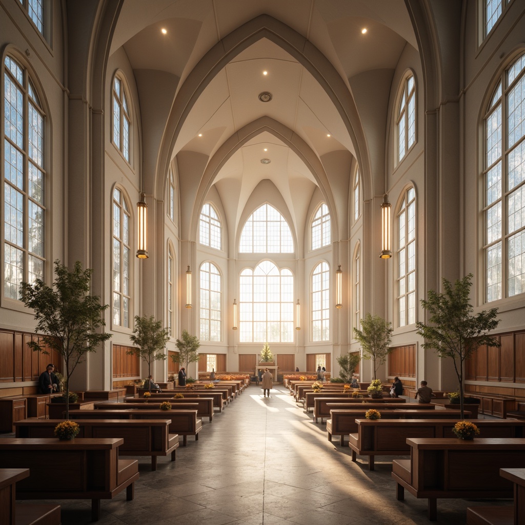 Prompt: Ethereal church interior, grand high ceilings, stunning stained glass windows, soft warm lighting, subtle color temperature, ambient illumination, minimalist decor, sleek modern furniture, polished marble floors, ornate wooden accents, dramatic altar design, suspended light fixtures, indirect LED lighting, natural daylight pouring in, tranquil atmosphere, 1/1 composition, realistic textures, subtle depth of field.