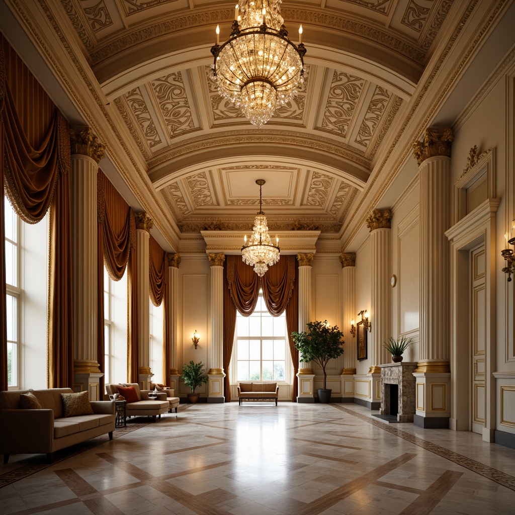 Prompt: Grand neoclassical interior, ornate moldings, luxurious fabrics, rich wood tones, crystal chandeliers, warm golden lighting, soft diffused illumination, subtle shadows, elegant cove ceilings, intricate plasterwork, polished marble floors, velvet drapes, stately columns, refined furniture pieces, subtle color palette, warm beige walls, creamy whites, soft creams, gentle highlights, 1/2 composition, shallow depth of field, realistic textures, ambient occlusion.