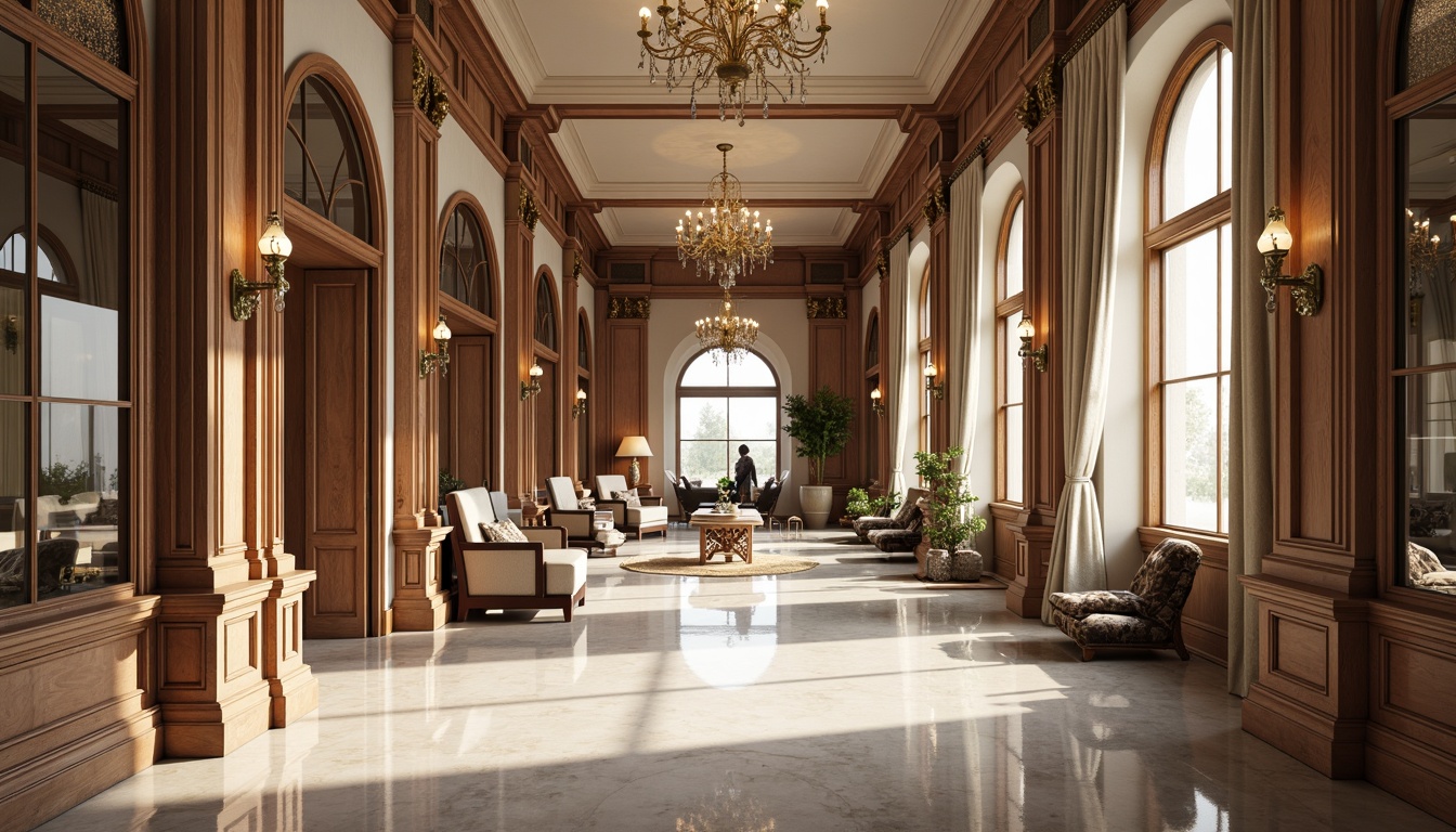 Prompt: Elegant interior space, rich wood tones, ornate gold accents, creamy whites, soft grays, warm beiges, subtle taupe undertones, refined marble textures, intricate moldings, grand chandeliers, luxurious fabrics, velvet drapes, silk upholstery, antique furniture pieces, classical architectural details, high ceilings, large windows, natural light, soft diffused lighting, 1/2 composition, atmospheric perspective, realistic material reflections.