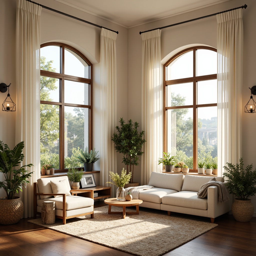 Prompt: Cozy living room, large windows, soft warm lighting, minimal window treatments, light-colored walls, cream-toned furniture, plush area rug, natural textiles, woven baskets, potted greenery, blooming flowers, wooden accents, earthy color palette, organic shapes, curved lines, cozy reading nook, comfortable seating, floor lamps, table lamps, sheer curtains, gentle breeze, sunny day, shallow depth of field, 3/4 composition, realistic textures, ambient occlusion.