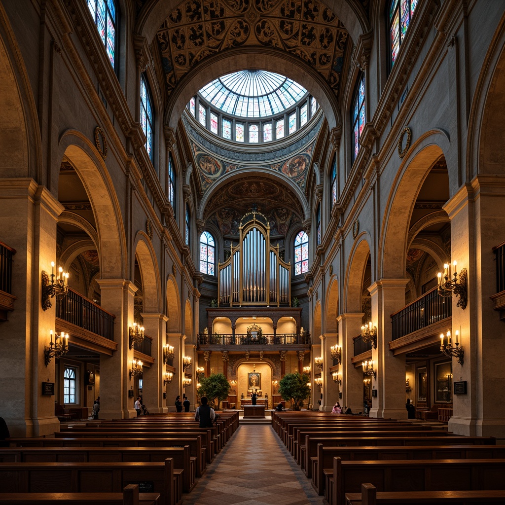 Prompt: Intricate stone carvings, grand domes, ornate stained glass windows, vaulted ceilings, ribbed arches, Gothic Revival style, rustic wooden pews, majestic pipe organs, ornamental frescoes, gilded altarpieces, lavish mosaics, solemn candlelight, warm golden lighting, high-contrast shadows, 1/2 composition, symmetrical framing, textured stone walls, rich tapestries, mysterious ambiance.