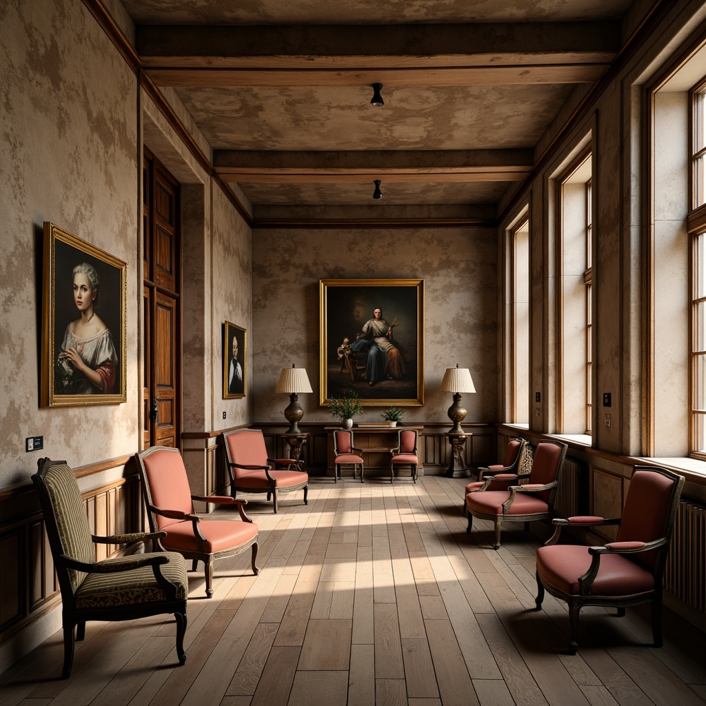 Prompt: Elegant museum interior, soft warm lighting, distressed wood flooring, rustic stone walls, ornate wooden paneling, vintage furniture pieces, Louis XVI style chairs, velvet upholstery, gilded frames, antique vases, fine art paintings, subtle color palette, natural textures, French country charm, refined elegance, symmetrical composition, shallow depth of field, 2/3 framing, soft focus effect.