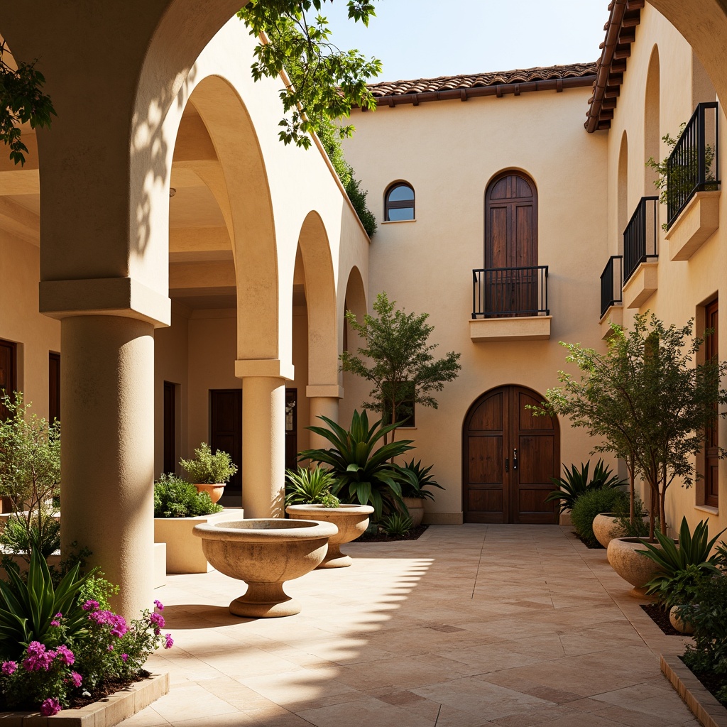 Prompt: Warm beige stucco walls, curved archways, ornate tile work, rustic wooden doors, decorative ironwork, grand fountain features, lush greenery, vibrant bougainvillea flowers, ornamental pottery, terracotta roofs, creamy stone columns, soft warm lighting, shallow depth of field, 3/4 composition, panoramic view, realistic textures, ambient occlusion.