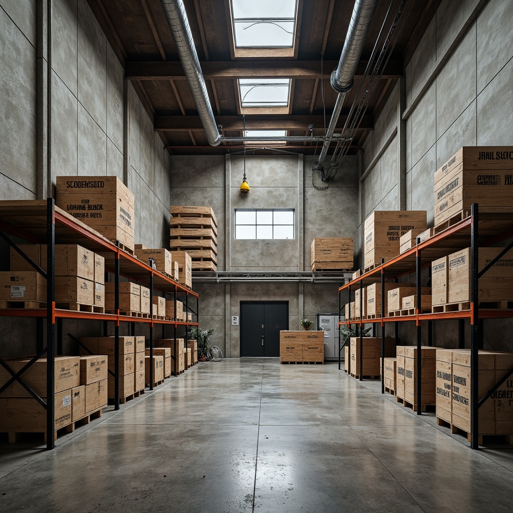 Prompt: Industrial storage room, brutalist concrete walls, exposed ductwork, metal shelving units, rugged wooden crates, steel beams, distressed finishes, utilitarian lighting, raw concrete floors, urban industrial atmosphere, functional minimalist design, reclaimed wood accents, matte black metal frames, industrial-style signage, overhead crane systems, urban loft aesthetic, dramatic high ceilings, diffused natural light, shallow depth of field, 2/3 composition.