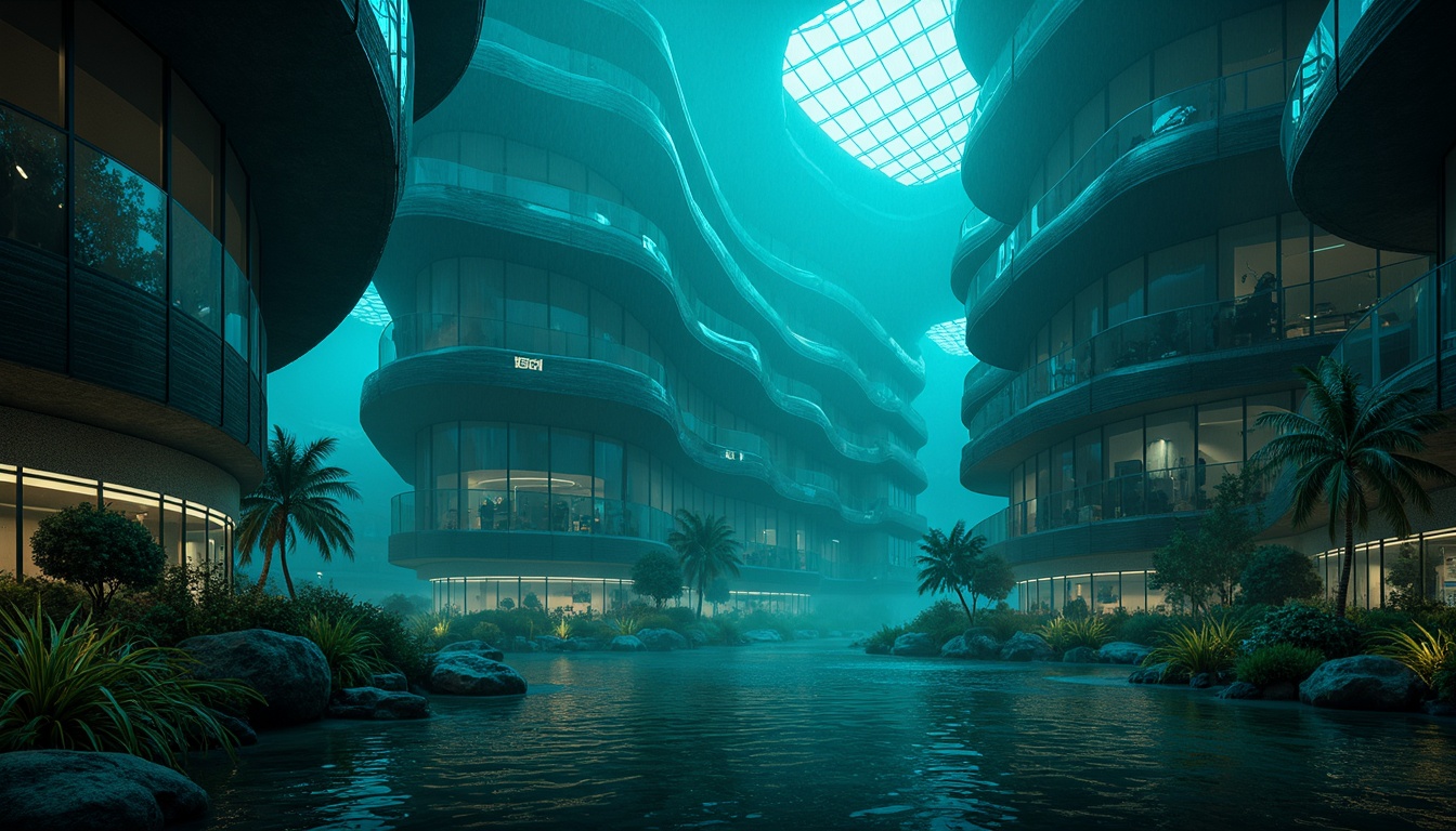 Prompt: Mysterious underwater city, dark cyan hue, neon accents, futuristic architecture, undulating curves, iridescent materials, bioluminescent plants, glowing aqua lights, misty atmosphere, shallow water reflections, rippling waves, 3/4 composition, panoramic view, realistic textures, ambient occlusion, cinematic mood lighting.