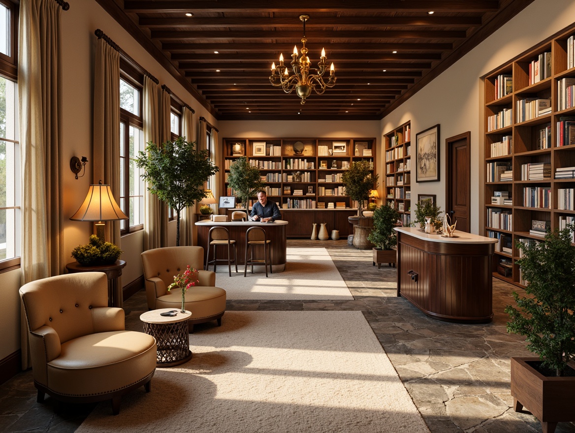 Prompt: Cozy bookstore, warm wooden shelves, rich leather armchairs, soft cream carpets, earthy tone walls, vintage book collections, golden lighting fixtures, rustic metal lamps, comfortable reading nooks, plush area rugs, natural stone floors, elegant dark wood counters, soothing pastel color scheme, warm beige accents, calming greenery, lush potted plants, subtle texture overlays, shallow depth of field, 2/3 composition, intimate atmosphere, realistic material renderings.