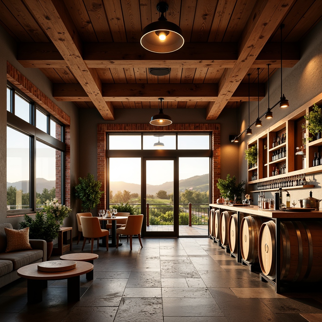 Prompt: Warm winery ambiance, rustic wooden accents, exposed brick walls, modern metal fixtures, soft warm lighting, pendant lamps, floor-to-ceiling windows, natural stone flooring, reclaimed wood ceiling beams, industrial chic decor, wine barrels, vintage wine-making equipment, earthy color palette, dimmable LED lights, cozy nooks, comfortable seating areas, scenic vineyard views, rolling hills, sunset warm glow, shallow depth of field, 1/1 composition, realistic textures, ambient occlusion.