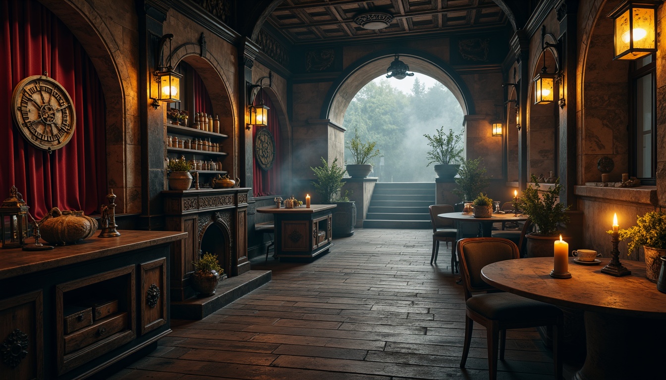 Prompt: Weathered wooden planks, distressed metal accents, vintage nautical artifacts, mystical lanterns, ornate Gothic arches, rich velvet fabrics, mysterious dark woods, polished bronze fixtures, rusty chain details, eerie candlelight, foggy misty atmosphere, atmospheric perspective, cinematic lighting, intricate stonework, ancient ruins inspiration, mystical symbols etched, eerie silence ambiance.