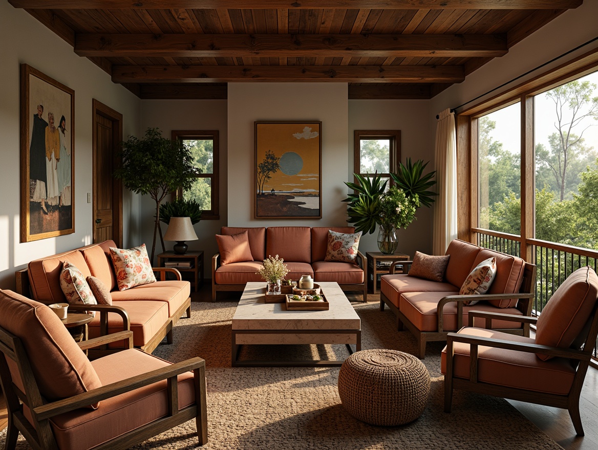 Prompt: Cozy living room, plush velvet sofas, rustic wooden armchairs, vintage ottomans, woven wicker coffee tables, natural fiber rugs, earthy tone color palette, warm ambient lighting, soft candlelight, shallow depth of field, 2/3 composition, panoramic view, realistic textures, ambient occlusion, traditional craftsmanship, distressed wood accents, floral patterned throw pillows, lush greenery, blooming plants, sunny afternoon, relaxed atmosphere.