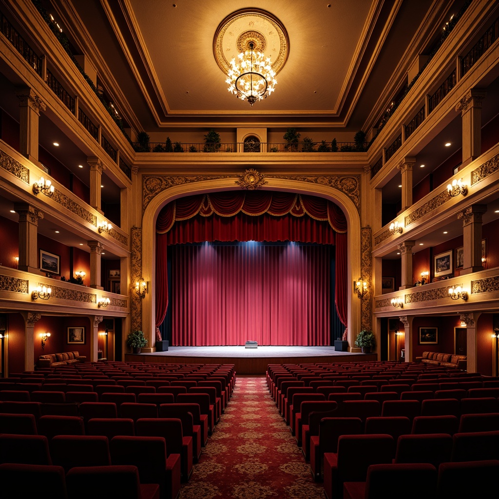 Prompt: Elegant traditional auditorium, rich wood tones, ornate carvings, velvet curtains, golden chandeliers, classic columns, intricate moldings, grand stage, majestic proscenium arch, plush red seats, luxurious fabrics, warm soft lighting, dramatic spotlights, subtle shadows, 3/4 composition, symmetrical balance, opulent decorations, refined architectural details, stately atmosphere, evening performance, expectant audience.