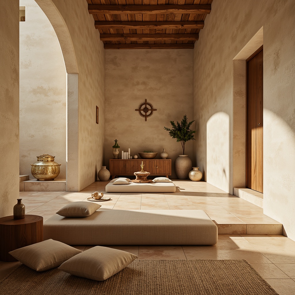 Prompt: Soothing monastery interior, cream-colored stone walls, wooden accents, subtle golden lighting, minimalist decor, sacred symbols, calming atmosphere, soft beige furniture, natural linen fabrics, earthy terracotta floors, serene ambiance, warm candlelight, gentle shadows, 1/1 composition, shallow depth of field, realistic textures, ambient occlusion.