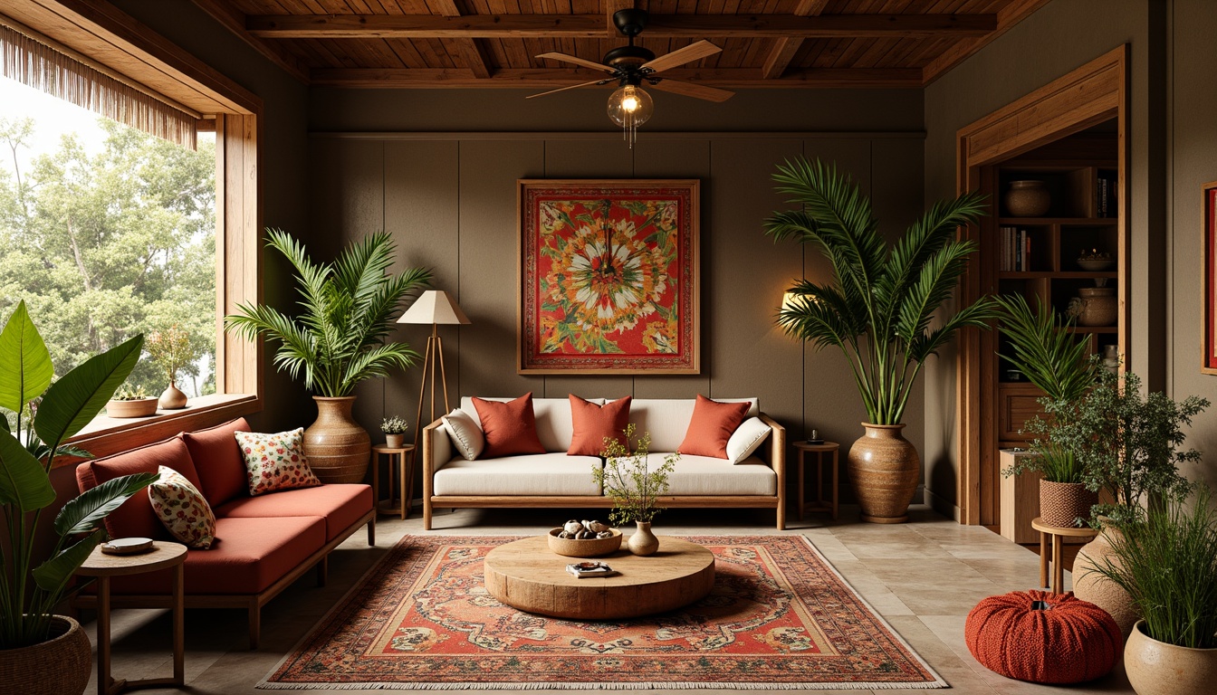 Prompt: Rich wood accents, woven rattan furniture, natural fiber rugs, plush velvet upholstery, distressed wood panels, rustic metal decor, earthy terracotta pottery, vibrant tropical prints, colorful tassel trim, lush greenery walls, exotic flower arrangements, warm golden lighting, shallow depth of field, 1/1 composition, intimate cozy atmosphere, organic textures, ambient occlusion.