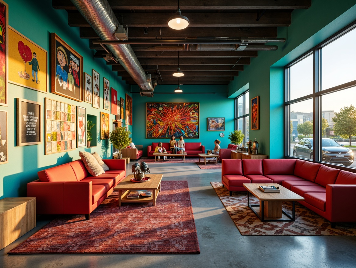 Prompt: Vibrant high school interior, bold expressionist art pieces, eclectic furniture, distressed wood accents, rich turquoise walls, warm golden lighting, plush crimson sofas, abstract patterned rugs, oversized windows, industrial metal fixtures, exposed ductwork, urban graffiti murals, edgy concrete floors, reclaimed wooden tables, avant-garde sculptures, dynamic color blocking, 1/1 composition, shallow depth of field, realistic textures, ambient occlusion.