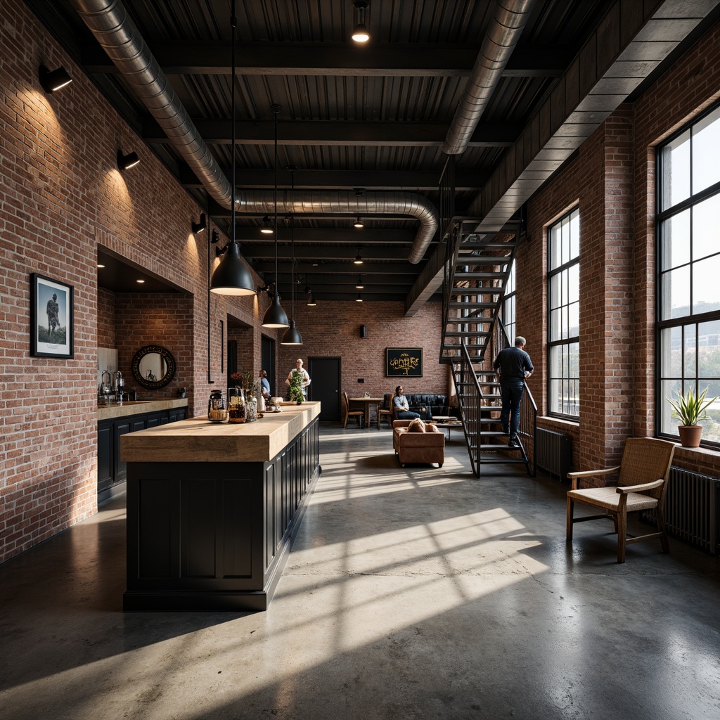 Prompt: Exposed brick walls, metal beams, polished concrete floors, industrial-style lighting fixtures, reclaimed wood accents, vintage machinery parts, distressed finishes, urban loft atmosphere, open ceiling ductwork, metal staircases, minimalist decor, functional design elements, monochromatic color scheme, high-contrast shadows, dramatic spotlights, 1/2 composition, low-angle shot, gritty textures, realistic material rendering.