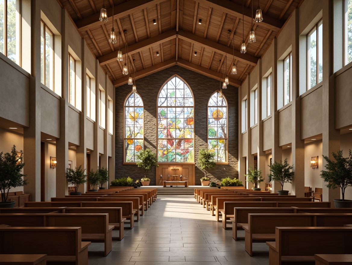 Prompt: Modern church interior, high ceilings, stained glass windows, natural light pouring in, wooden pews, intricate carvings, subtle textures, stone walls, minimalist decor, calming atmosphere, soft warm lighting, shallow depth of field, 1/2 composition, realistic wood grains, ambient occlusion, detailed furniture, ornate chandeliers, abstract patterns, vibrant color accents, spiritual symbols.