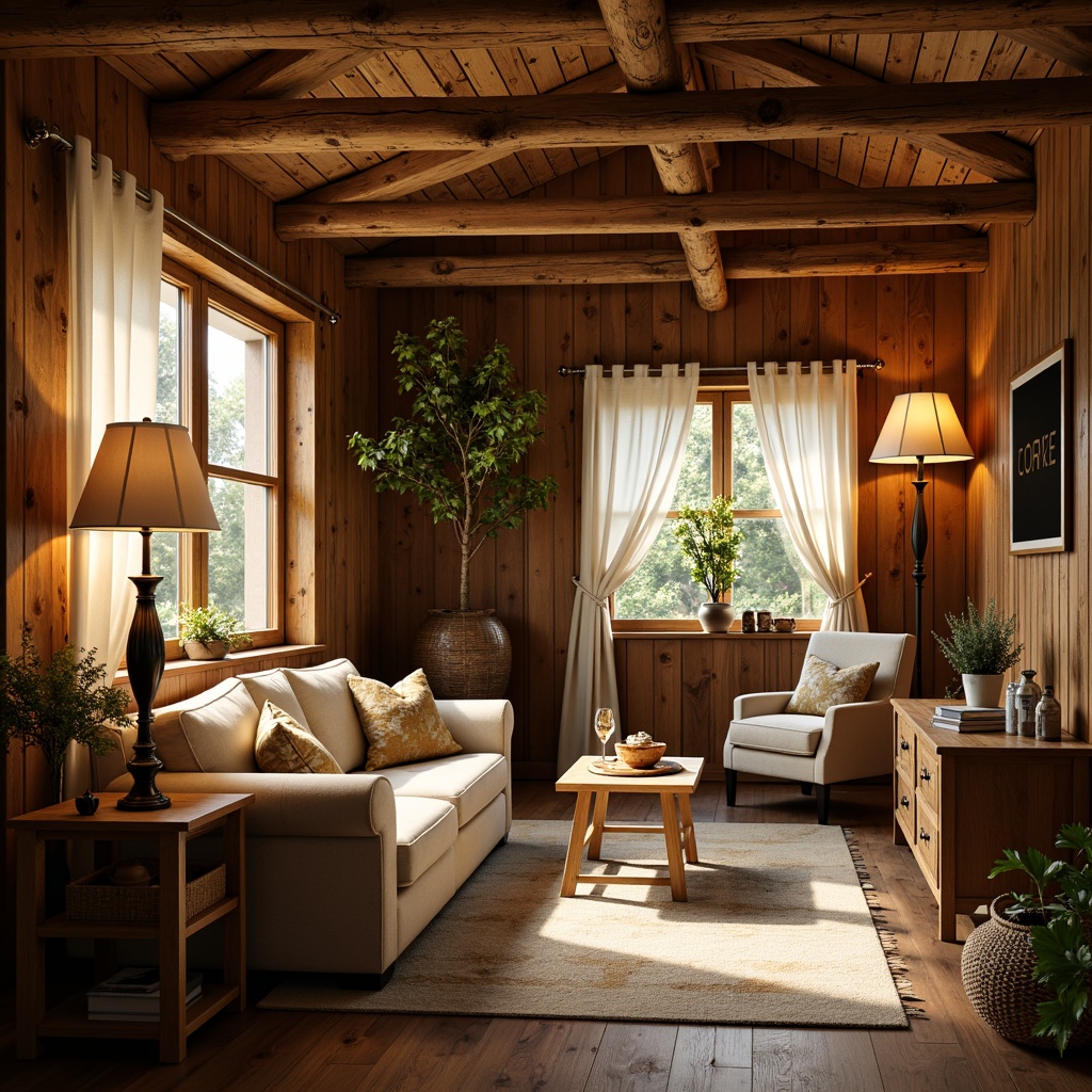 Prompt: Cozy cottage-style interior, warm golden lighting, rustic wooden accents, plush furnishings, natural fiber textiles, earthy color palette, softbox window treatments, table lamps with linen shades, floor lamps with wooden bases, pendant lights with rattan details, dimmable LED strips, warm white tone, soft shadows, 1/1 composition, realistic wood grain textures, subtle ambient occlusion.