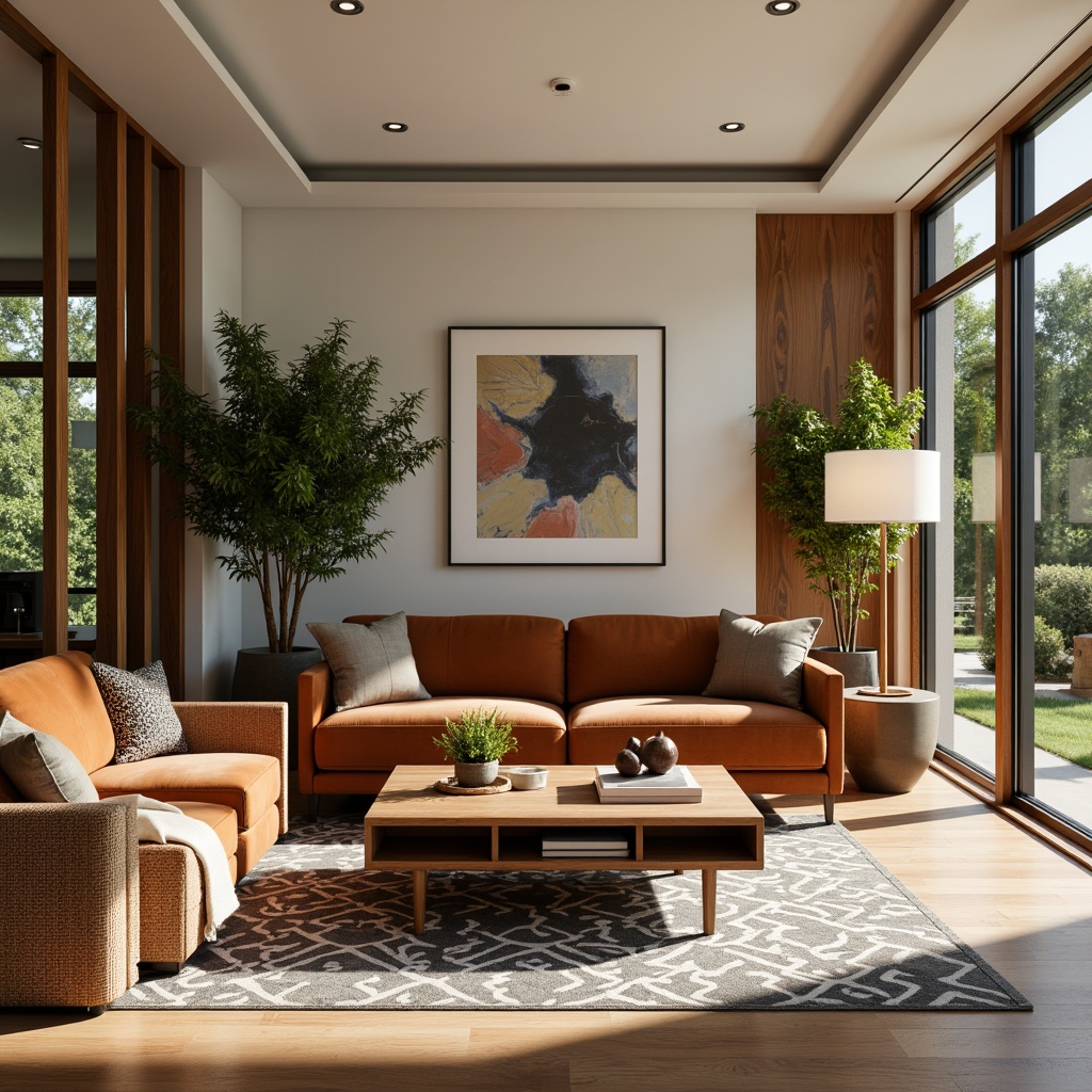 Prompt: Mid-century modern living room, sleek wooden coffee table, tufted velvet sofa, geometric patterned rug, minimalist floor lamp, abstract artwork, natural wood accents, large windows, sliding glass doors, lush greenery, sunny afternoon, soft warm lighting, shallow depth of field, 3/4 composition, realistic textures, ambient occlusion.