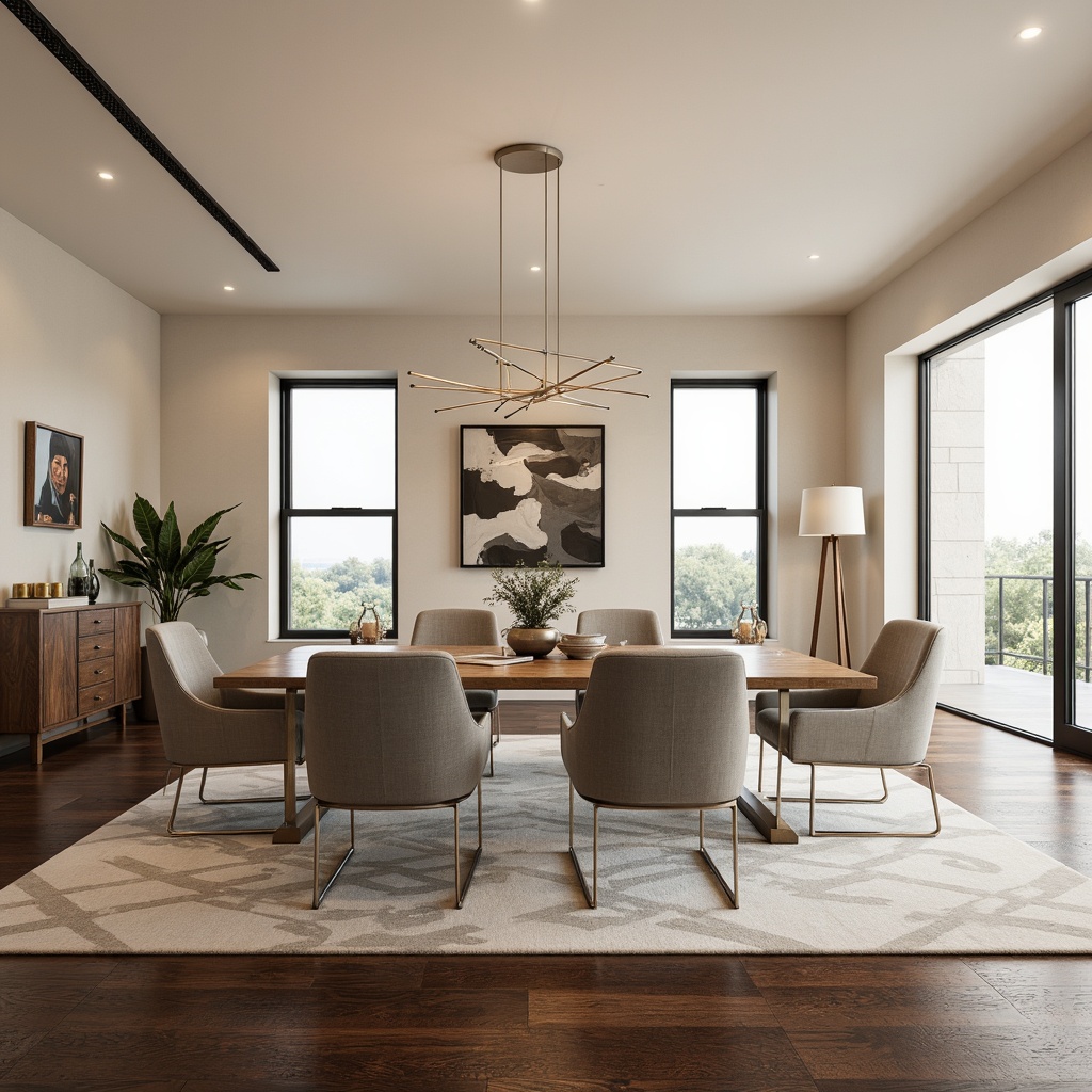 Prompt: Modern dining room, minimalist decor, sleek wooden table, upholstered chairs, metallic legs, low-hanging pendant lights, cream-colored walls, dark hardwood floors, geometric-patterned rug, abstract artwork, floor-to-ceiling windows, natural daylight, warm ambiance, 1/1 composition, shallow depth of field, realistic textures, ambient occlusion.