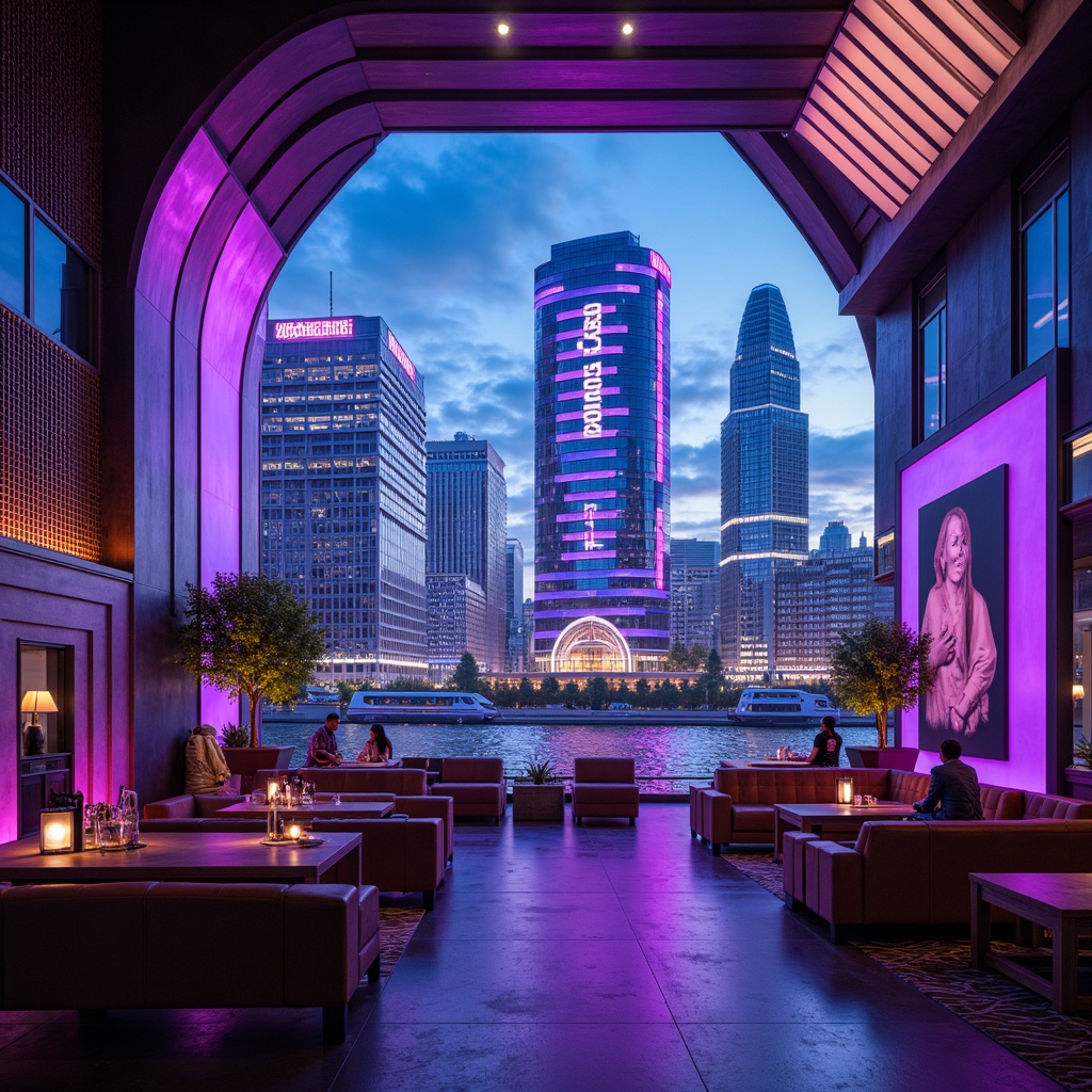 Prompt: Neon-lit cityscape, sleek metallic skyscrapers, holographic advertisements, vibrant purple accents, electric blue neon lights, iridescent glass fa\u00e7ades, curved futuristic lines, minimalist interiors, luxurious leather furniture, ambient LED lighting, shallow depth of field, 3/4 composition, panoramic view, realistic reflections, ambient occlusion, retro-futuristic decorative elements, geometric patterns, metallic textures, high-tech gadgetry.