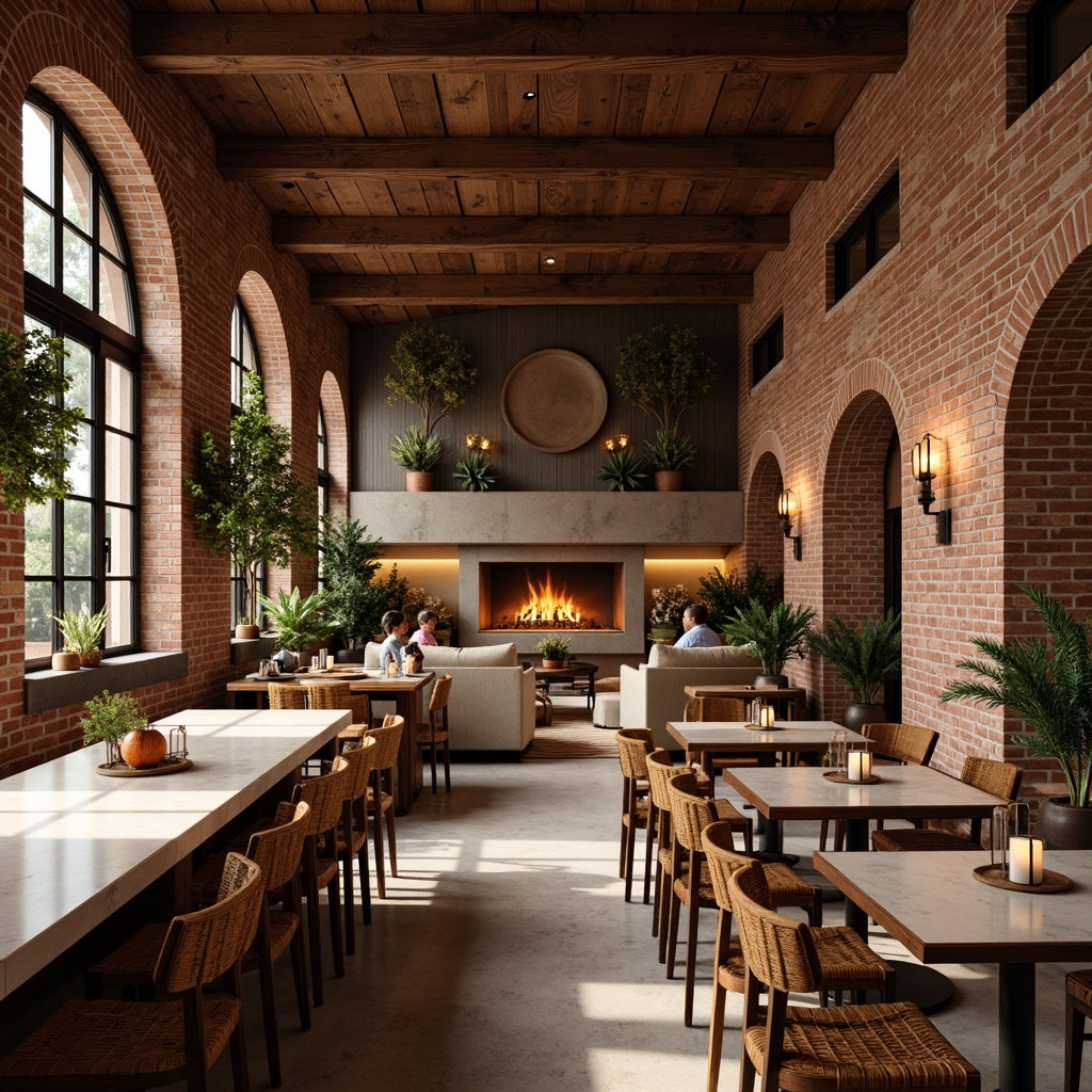 Prompt: Warm inviting atmosphere, rich wood tones, earthy red bricks, comfortable seating areas, cozy fireplaces, natural stone walls, vintage metal decorations, warm golden lighting, soft cream colors, elegant marble countertops, lush greenery, rustic wooden tables, woven wicker chairs, modern industrial touches, exposed brick ceilings, reclaimed wood accents, soothing color scheme, harmonious contrast, 3/4 composition, shallow depth of field, realistic textures.