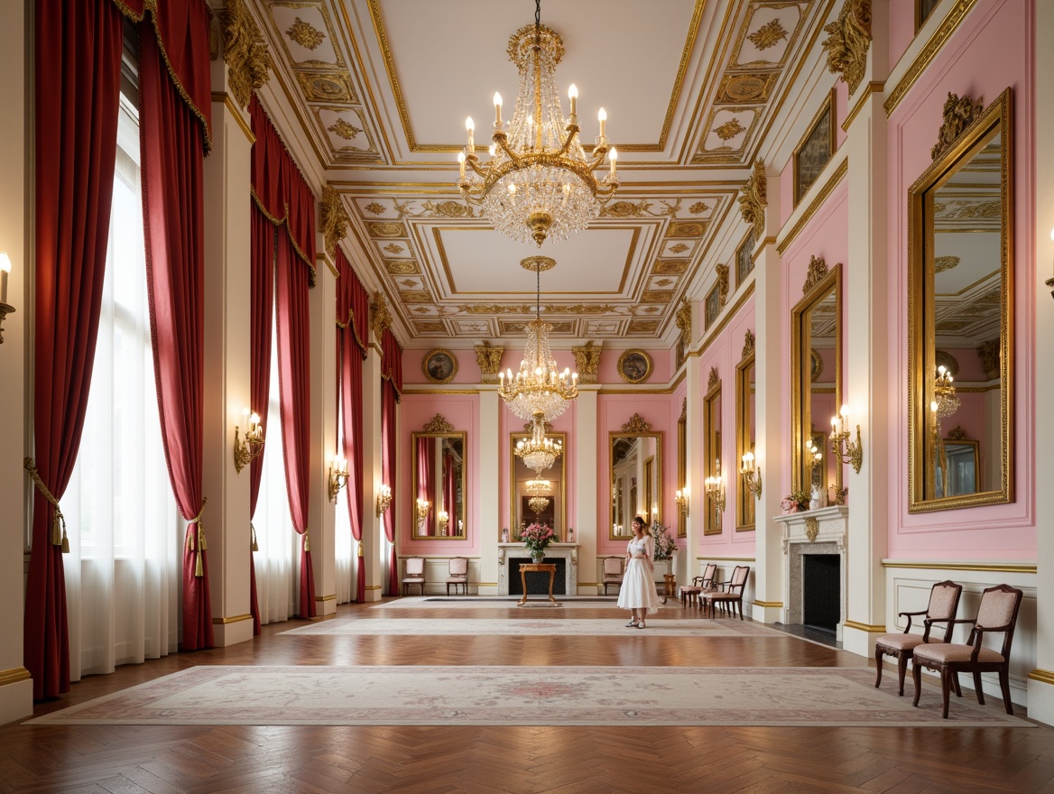 Prompt: Lavish Rococo-style school, ornate golden accents, soft pastel hues, pale pink walls, creamy white columns, intricate moldings, rich wood tones, velvety red drapes, ornamental mirrors, crystal chandeliers, subtle sheen, warm candlelight, shallow depth of field, 2/3 composition, symmetrical framing, realistic textures, ambient occlusion.