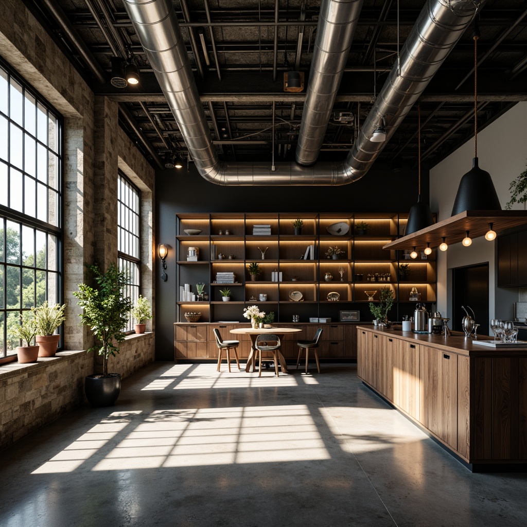 Prompt: Industrial metal fixtures, exposed ductwork, reclaimed wood accents, matte black finishes, Edison bulbs, metal grid ceilings, polished concrete floors, urban loft atmosphere, natural light pouring in, soft warm glow, high contrast ratio, dramatic shadows, 1/2 composition, symmetrical framing, gritty textures, ambient occlusion.