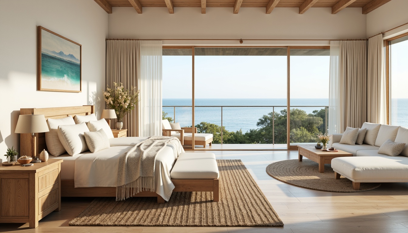 Prompt: Calming coastal bedroom, soft sandy whites, creamy shell pinks, soothing seafoam greens, gentle driftwood grays, warm beachy wood tones, natural woven textiles, plush area rugs, comfortable upholstered furniture, serene ocean views, large windows, sliding glass doors, bright sunny day, gentle morning light, shallow depth of field, 1/1 composition, realistic textures, ambient occlusion.