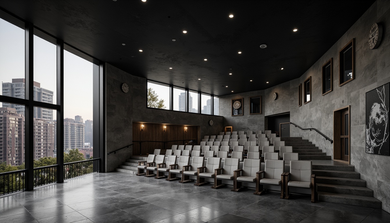 Prompt: Minimalist theater interior, sleek lines, monochromatic color scheme, polished concrete floors, geometric-shaped seating, cantilevered rows, open-backed chairs, subtle ambient lighting, floor-to-ceiling windows, urban cityscape views, modern architecture, industrial materials, distressed metal accents, reclaimed wood details, abstract artwork, dramatic spotlights, 1/1 composition, shallow depth of field, realistic textures, soft focus blur.