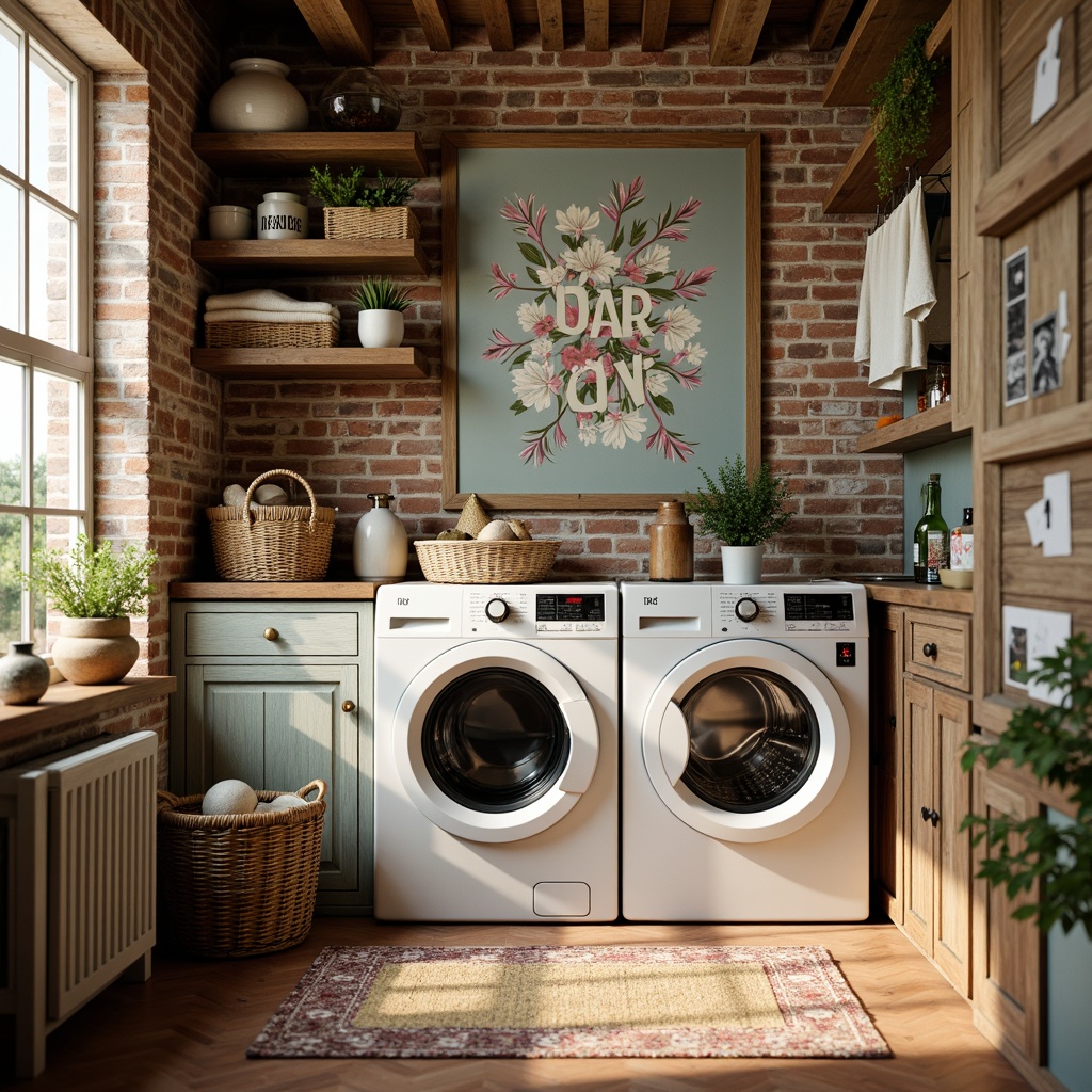 Prompt: Whimsical laundry room, vintage washing machines, distressed wood cabinetry, worn brick walls, rustic metal accents, soft warm lighting, dreamy pastel colors, faded floral patterns, woven baskets, natural linen fabrics, earthy terracotta floors, ornate ceramic tiles, eclectic decorative objects, playful typography, abstract expressionist artwork, 1/1 composition, shallow depth of field, soft focus, warm color grading.