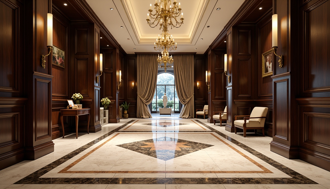 Prompt: Marble floors, inlaid patterns, herringbone parquetry, dark wood tones, polished finishes, ornate borders, classical motifs, intricate carvings, neutral color palette, high-contrast lighting, dramatic shadows, grandiose chandeliers, symmetrical compositions, 3/4 view, soft focus, warm ambient glow, luxurious textiles, velvet drapes, gilded accents, refined elegance, sophisticated atmosphere.Please let me know if this meets your requirements!