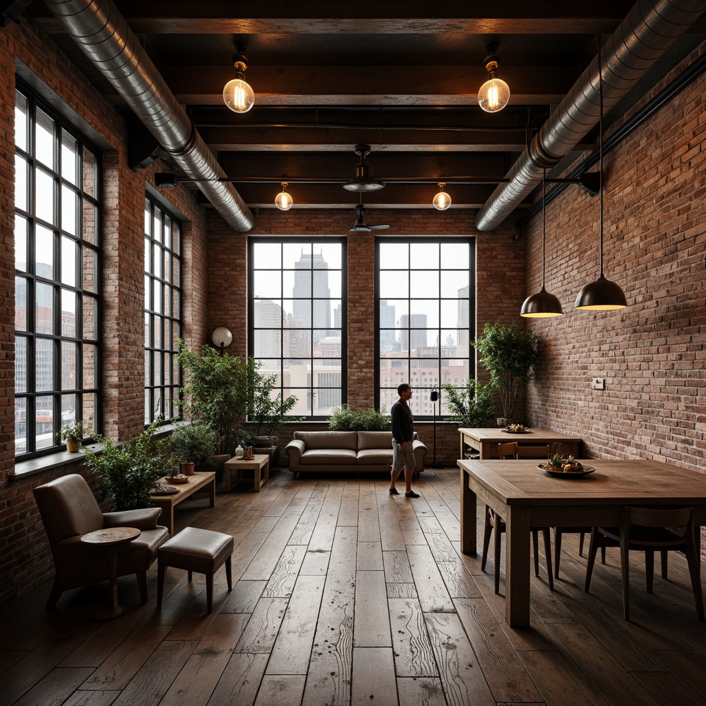 Prompt: Exposed brick walls, industrial metal beams, reclaimed wooden floors, Edison bulbs, metal Shades, dimmable spotlights, concrete textures, urban cityscape views, converted warehouse atmosphere, modern minimalist decor, eclectic furniture pieces, distressed finishes, rich warm colors, atmospheric misting, cinematic lighting effects, shallow depth of field, 1/1 composition, realistic metallic reflections.