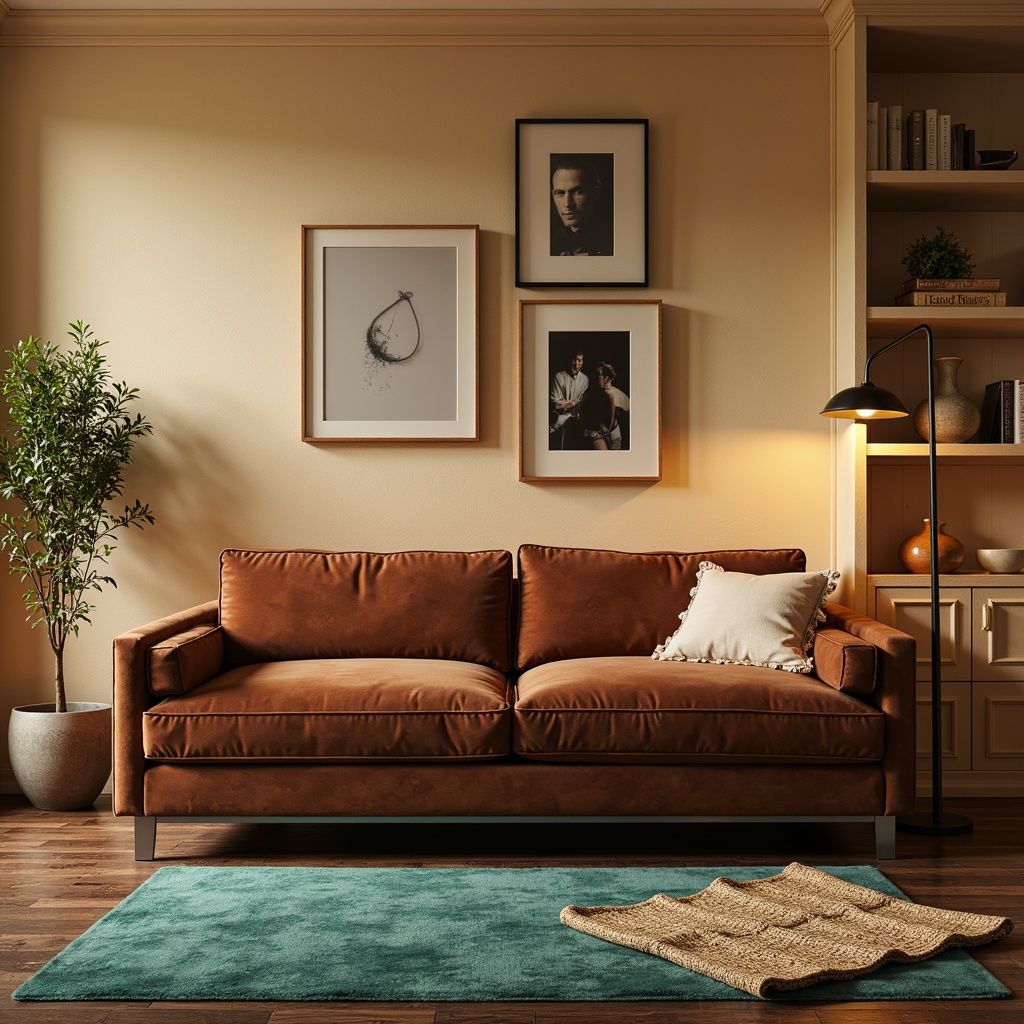 Prompt: Rich velvet sofa, warm beige walls, dark wood flooring, soft golden lighting, luxurious cream accents, modern minimalist decor, industrial chic metal frames, vibrant turquoise rugs, natural linen textiles, earthy terracotta pottery, ambient warm glow, 1/2 composition, shallow depth of field, realistic reflections.