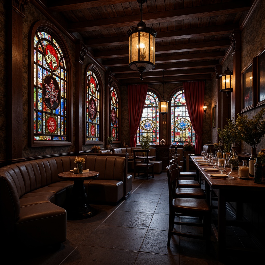 Prompt: Dark, mysterious pub, ornate wooden furnishings, stained glass windows, dim warm lighting, rich velvet drapes, medieval-inspired decor, ancient artifacts, mysterious relics. Colors