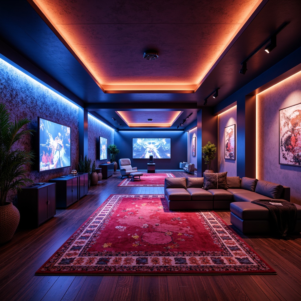 Prompt: Richly textured game room, luxurious wooden flooring, dark stained hardwood, polished concrete surfaces, vibrant neon-lit accents, futuristic LED lighting, sleek metallic trim, modern geometric patterns, bold colored area rugs, cozy plush carpeting, dynamic angular lines, immersive virtual reality setup, cinematic sound systems, atmospheric misting effects, low-key dramatic lighting, 1/2 composition, shallow depth of field, realistic reflections.