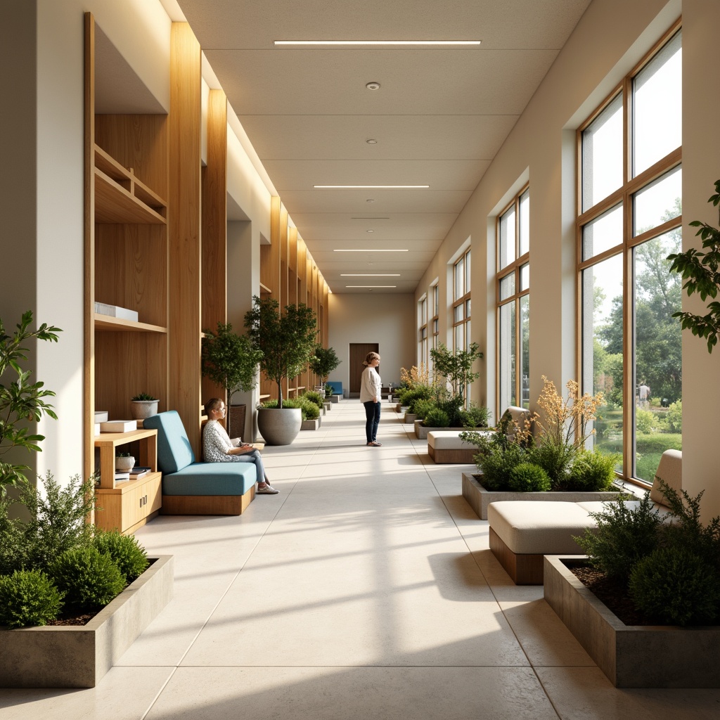 Prompt: Soothing healthcare facility, calming atmosphere, gentle natural light, warm beige walls, creamy whites, soft blues, muted greens, earthy terracotta tones, organic textures, reclaimed wood accents, comfortable seating areas, lush greenery, serene water features, peaceful ambient sounds, subtle fragrance, cozy reading nooks, nature-inspired artwork, organic shapes, minimal ornamentation, calming color transitions, harmonious contrast, balanced composition, warm glow lighting, soft shadows, realistic rendering.