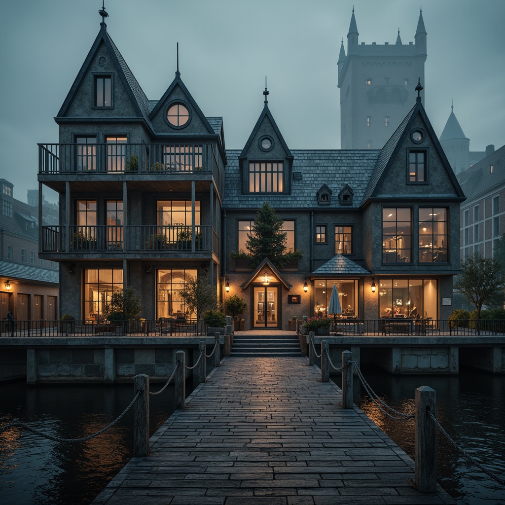 Prompt: Weathered wooden dock, rusty metal accents, ornate stone carvings, pointed arches, ribbed vaults, flying buttresses, stained glass windows, heavy timber framing, steeply pitched roofs, turrets and towers, mysterious lanterns, misty waterfront, eerie twilight, soft warm lighting, atmospheric fog, 1/1 composition, dramatic shadows, intricate stone patterns, rich wooden textures, mystical ambiance.