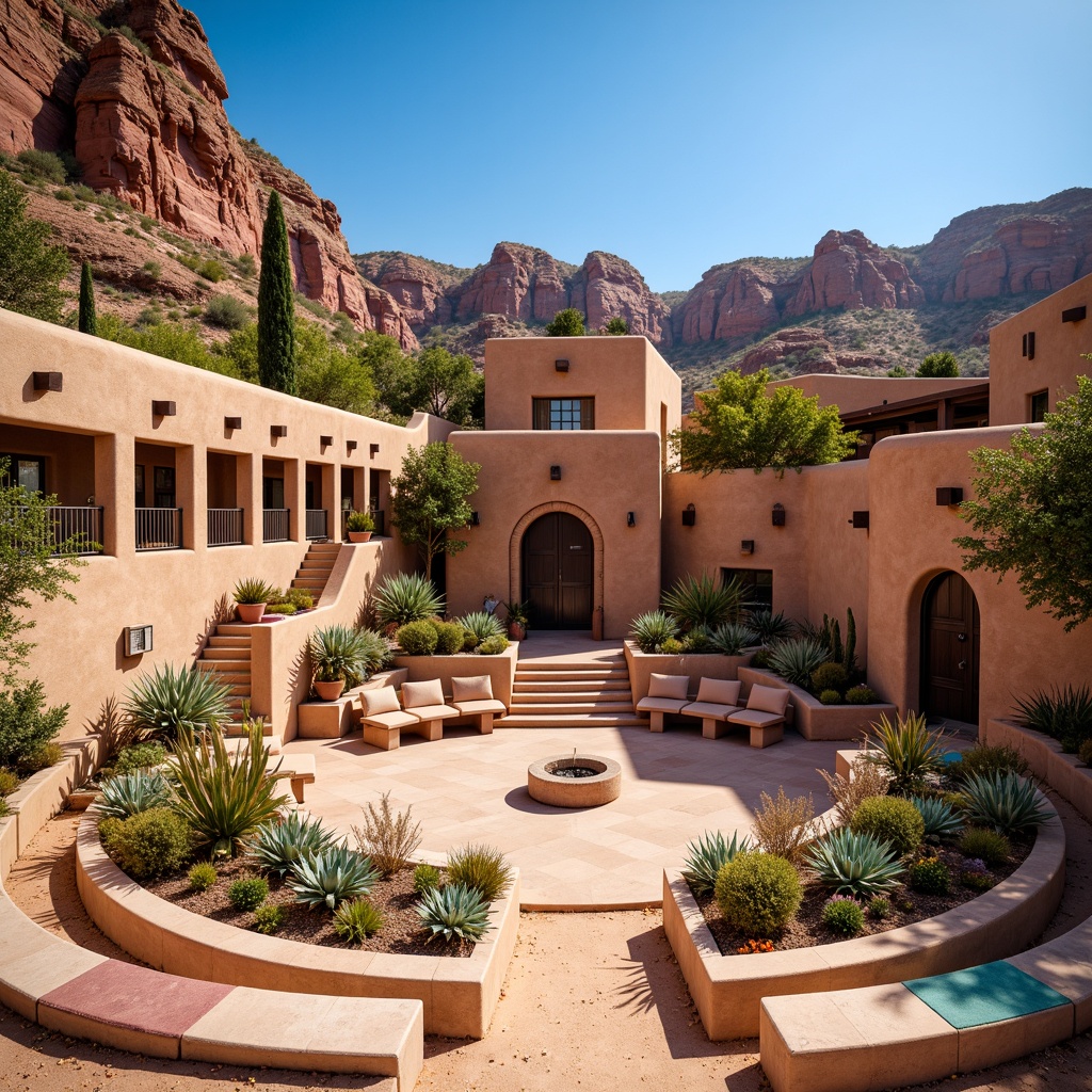 Prompt: Vibrant southwestern amphitheater, tiered seating, rustic stone walls, colorful tile accents, ornate metal railings, lush cacti arrangements, blooming desert flowers, warm sandy terrain, clear blue skies, dramatic rock formations, adobe-inspired architecture, earthy tone color palette, natural stonework, intricate mosaics, patterned textiles, vibrant turquoise accents, rustic wooden benches, ambient warm lighting, shallow depth of field, 3/4 composition, panoramic view, realistic textures, ambient occlusion.