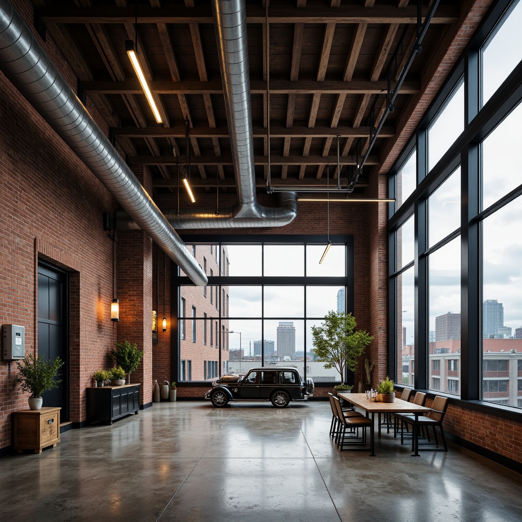 Prompt: Industrial factory interior, exposed steel beams, rustic metal frames, distressed brick walls, polished concrete floors, reclaimed wood accents, functional pipes, minimalist lighting fixtures, industrial-style pendant lamps, modern machinery equipment, urban cityscape views, cloudy sky, warm natural light, shallow depth of field, 1/2 composition, realistic textures, ambient occlusion.